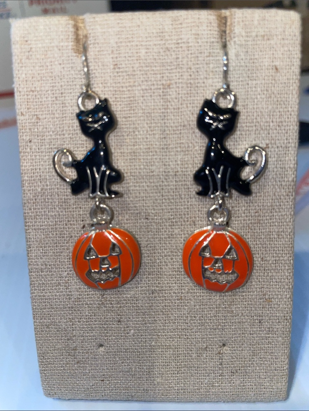Halloween Black Cat and Orange Pumpkin Dangle Earrings